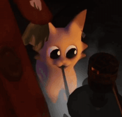 A Cartoon Cat With Big Eyes Is Standing Next To A Man In A Dark Room . GIF