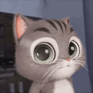 A Cartoon Cat With Big Green Eyes And A Pink Nose Is Looking At The Camera . GIF
