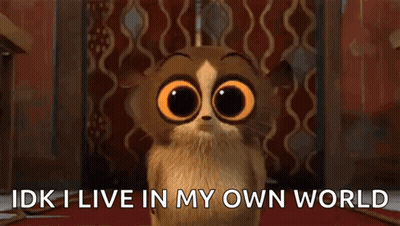 A Cartoon Cat With Big Orange Eyes Says Idk I Live In My Own World GIF
