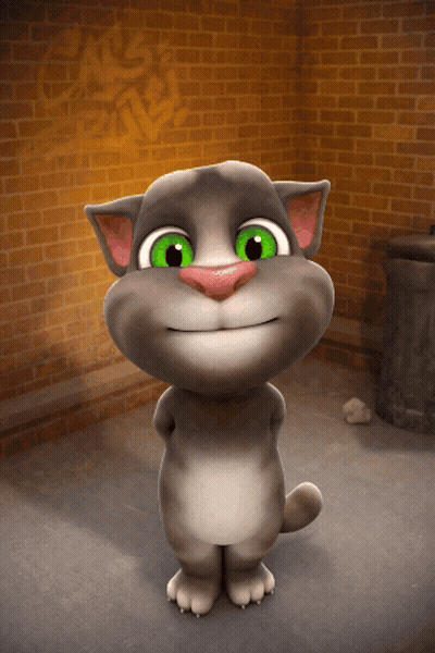A Cartoon Cat With Green Eyes And A Pink Nose Is Standing In Front Of A Brick Wall GIF