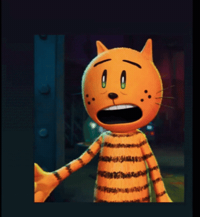 A Cartoon Cat With Green Eyes And Black Spots On Its Face GIF