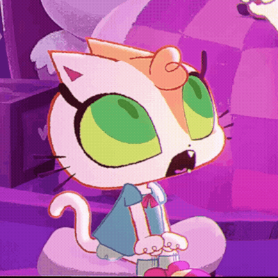 A Cartoon Cat With Green Eyes Is Sitting On A Purple Background GIF