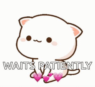 A Cartoon Cat With Hearts On Its Paws And The Words Waits Patiently GIF