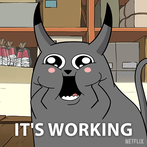 A Cartoon Cat With Horns Says It 'S Working On Netflix GIF