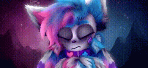 A Cartoon Cat With Pink And Blue Hair Is Sleeping With Her Eyes Closed And A Heart On Her Chest . GIF