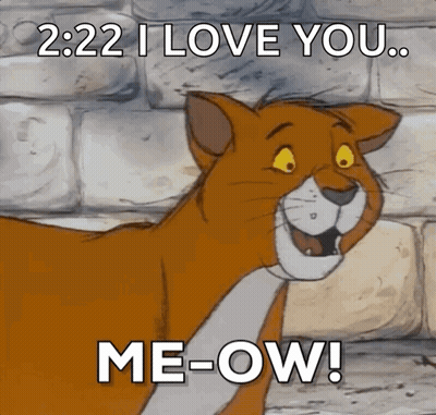 A Cartoon Cat With The Words 2:22 I Love You Me-Ow GIF