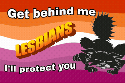 A Cartoon Cat With The Words Get Behind Me Lesbians I 'Ll Protect You GIF