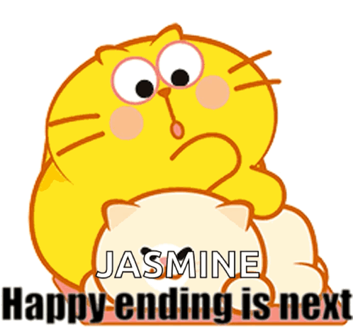 A Cartoon Cat With The Words Jasmine Happy Ending Is Next Below It GIF