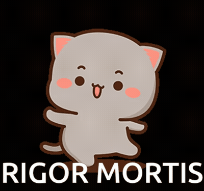 A Cartoon Cat With The Words Rigor Mortis Written Below It GIF
