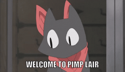 A Cartoon Cat With The Words Welcome To Pimp Lair On The Bottom GIF