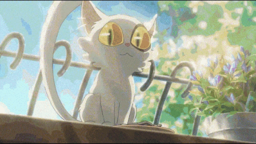 A Cartoon Cat With Yellow Eyes Is Sitting On A Balcony GIF