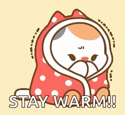 A Cartoon Cat Wrapped In A Blanket With The Words `` Stay Warm '' Written On It . GIF