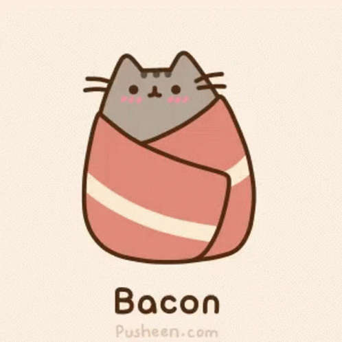 A Cartoon Cat Wrapped In Bacon With The Word Bacon Underneath GIF