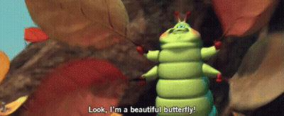 A Cartoon Caterpillar Says Look , I 'M A Beautiful Butterfly GIF