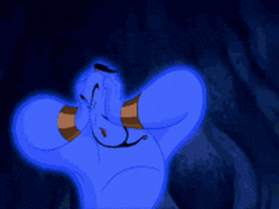 A Cartoon Character , A Genie From Aladdin , Is Glowing In The Dark With His Arms Outstretched . GIF