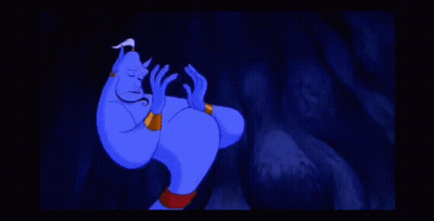 A Cartoon Character , A Genie From Aladdin , Is Making A Funny Face With His Hands Outstretched . GIF