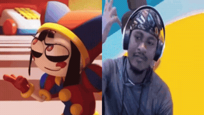 A Cartoon Character And A Man Wearing Headphones Are Standing Next To Each Other . GIF