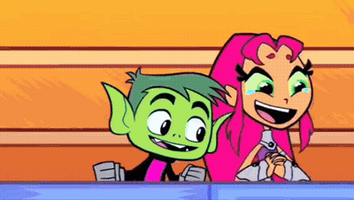 A Cartoon Character , Beast Boy And Starfire , Are Standing Next To Each Other And Smiling . GIF