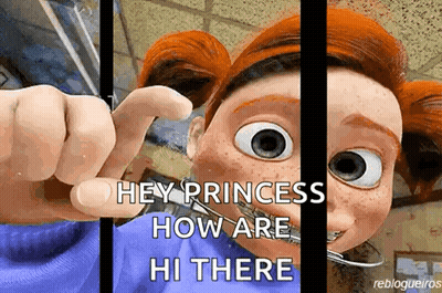 A Cartoon Character Behind Bars With The Words Hey Princess How Are Hi There On The Bottom GIF