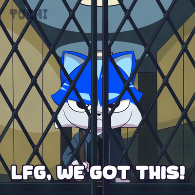 A Cartoon Character Behind Bars With The Words " Lfg We Got This " On The Bottom GIF