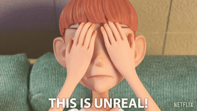 A Cartoon Character Covering His Eyes With His Hands And The Words " This Is Unreal " GIF