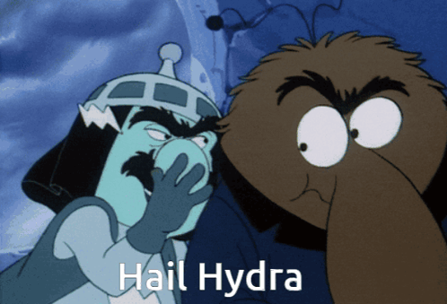 A Cartoon Character Covering His Mouth With His Hand And The Words " Hail Hydra " On The Bottom GIF