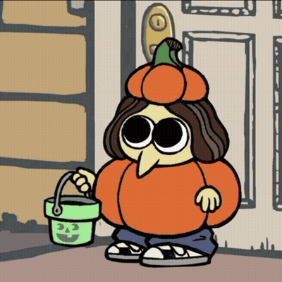 A Cartoon Character Dressed As A Pumpkin Holding A Green Bucket GIF