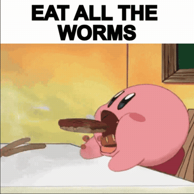 A Cartoon Character Eating A Piece Of Food With The Words Eat All The Worms Above Him GIF