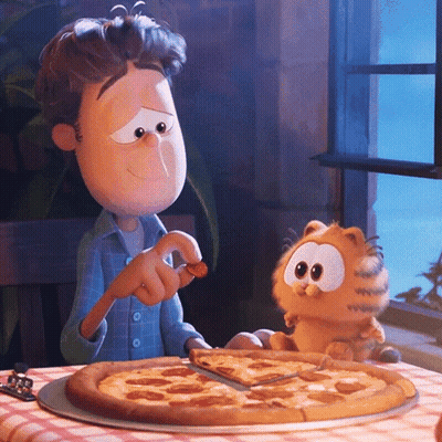 A Cartoon Character Eating A Slice Of Pizza Next To Garfield GIF