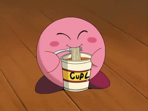 A Cartoon Character Eating Noodles From A Cup That Says Cupl On It GIF