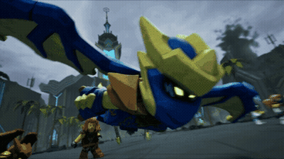 A Cartoon Character Flying Through The Air With A Tower In The Background GIF