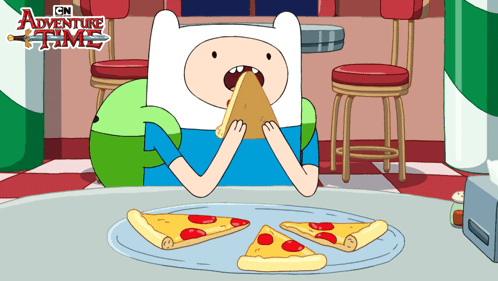 A Cartoon Character From Adventure Time Eating A Slice Of Pepperoni Pizza GIF