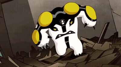 A Cartoon Character From Ben 10 Is Standing In A Pile Of Papers GIF