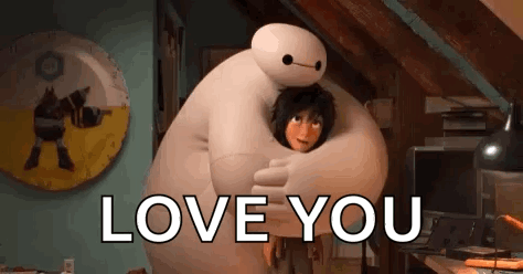 A Cartoon Character From Big Hero 6 Is Hugging A Boy In A Room . GIF