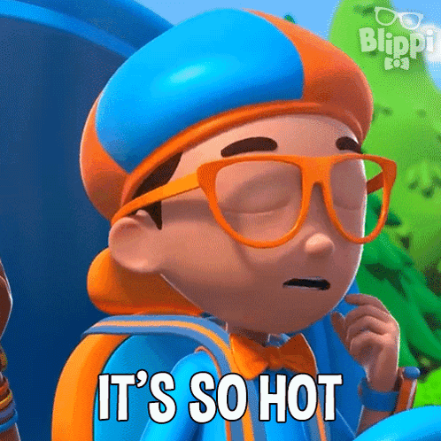 A Cartoon Character From Blippi Is Wearing Glasses And A Hat And Says It 'S So Hot . GIF