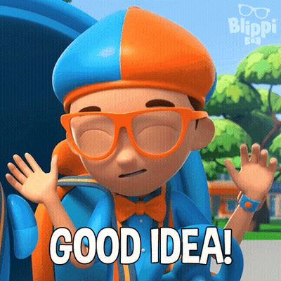 A Cartoon Character From Blippi Says Good Idea With His Hands Up GIF