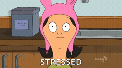 A Cartoon Character From Bob 'S Burgers Is Wearing A Pink Bunny Hat And Says Stressed GIF