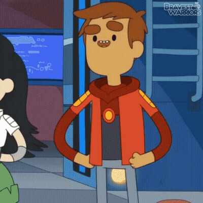 A Cartoon Character From Bravest Warriors Is Standing In A Room GIF