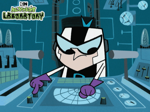 A Cartoon Character From Cn Dexter 'S Laboratory Is Sitting At A Desk GIF