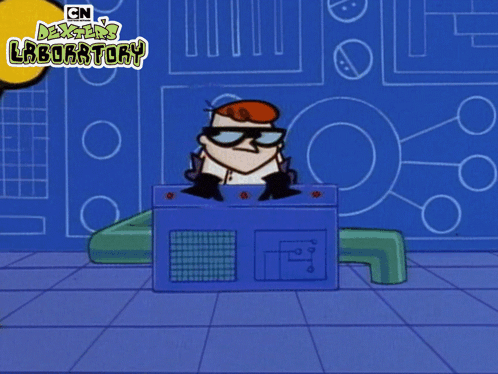 A Cartoon Character From Cn Dexter 'S Laboratory Is Standing Next To A Machine GIF