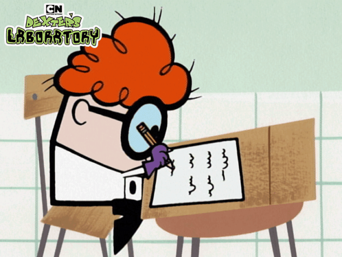 A Cartoon Character From Cn Dexter 'S Laboratory Is Writing On A Piece Of Paper GIF