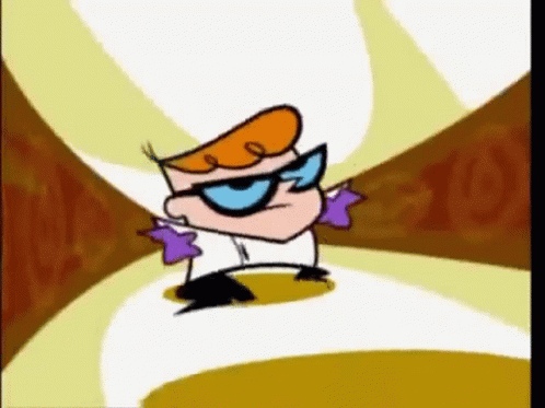 A Cartoon Character From Dexter 'S Laboratory Is Dancing In A Room With A Yellow Background . GIF