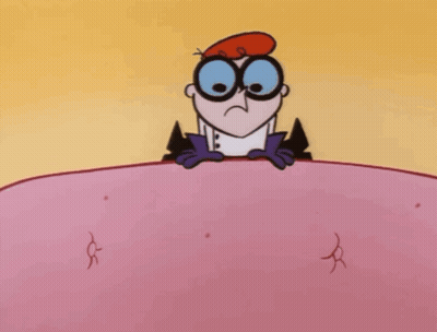 A Cartoon Character From Dexter 'S Laboratory Is Laying On A Pink Surface With His Mouth Open . GIF