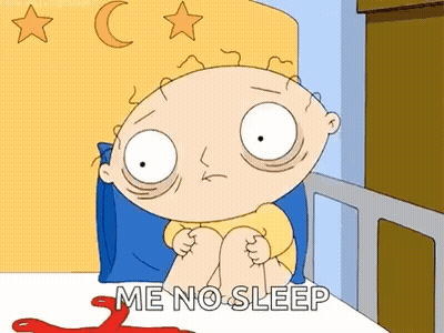 A Cartoon Character From Family Guy Is Sitting In A Bed With The Words `` Me No Sleep '' Written On The Bed . GIF