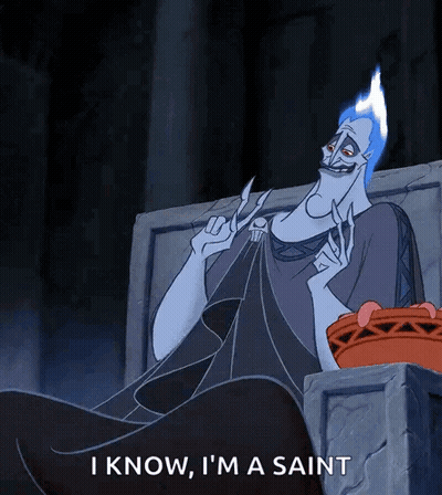 A Cartoon Character From Hercules Is Sitting On A Throne And Says I Know I 'M A Saint GIF
