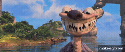 A Cartoon Character From Ice Age Is Smiling In Front Of The Water GIF