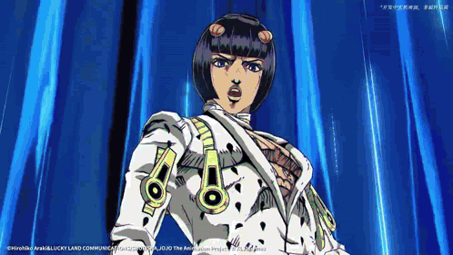 A Cartoon Character From Jojo 'S Bizarre Adventure Stands In Front Of A Blue Curtain GIF