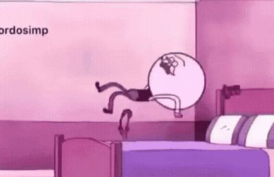 A Cartoon Character From Regular Show Is Flying Through The Air In A Bedroom . GIF