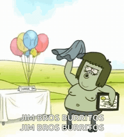 A Cartoon Character From Regular Show Is Holding Balloons And A Picture Of Himself . GIF