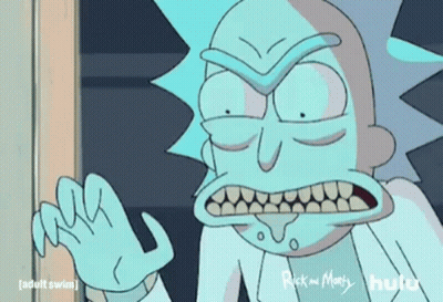 A Cartoon Character From Rick And Morty Is Making A Funny Face While Standing In Front Of A Door . GIF